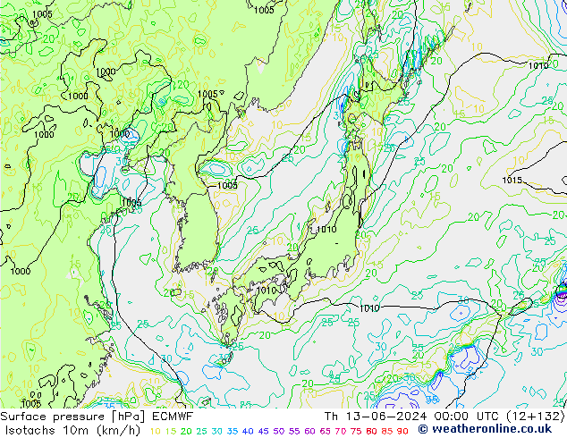 Isotachs (kph) ECMWF Čt 13.06.2024 00 UTC