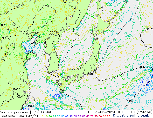 Isotachen (km/h) ECMWF do 13.06.2024 18 UTC