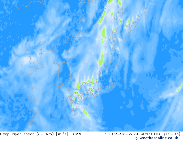 Deep layer shear (0-1km) ECMWF nie. 09.06.2024 00 UTC