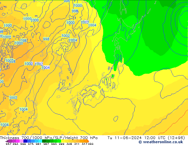 Thck 700-1000 hPa ECMWF wto. 11.06.2024 12 UTC