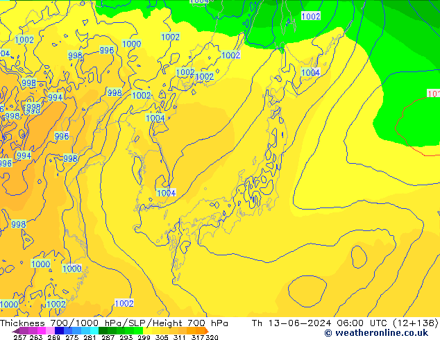 Thck 700-1000 hPa ECMWF Th 13.06.2024 06 UTC