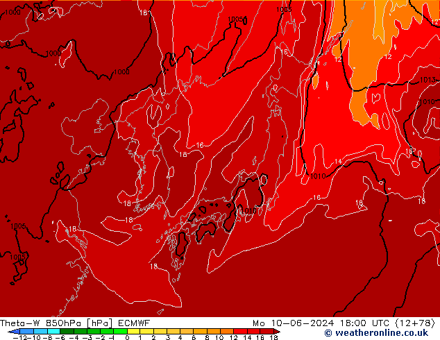 Theta-W 850hPa ECMWF Mo 10.06.2024 18 UTC