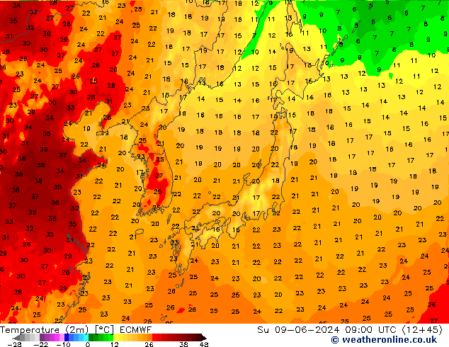 mapa temperatury (2m) ECMWF nie. 09.06.2024 09 UTC