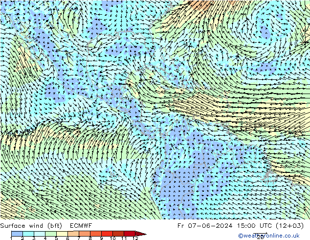 Vento 10 m (bft) ECMWF ven 07.06.2024 15 UTC