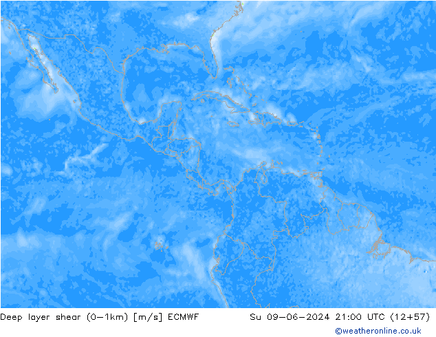 Deep layer shear (0-1km) ECMWF zo 09.06.2024 21 UTC