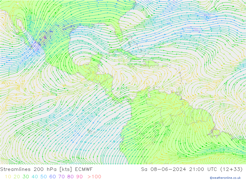 Linia prądu 200 hPa ECMWF so. 08.06.2024 21 UTC