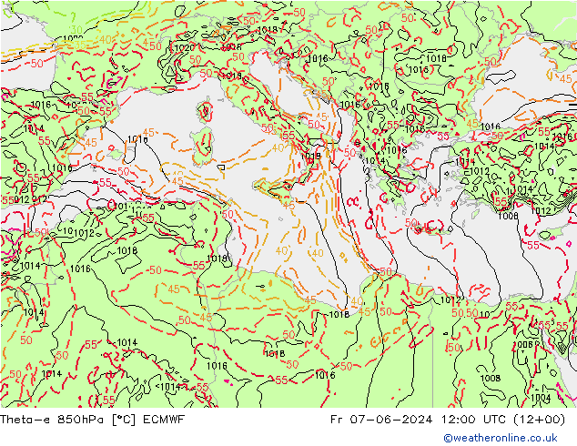 Theta-e 850hPa ECMWF vie 07.06.2024 12 UTC