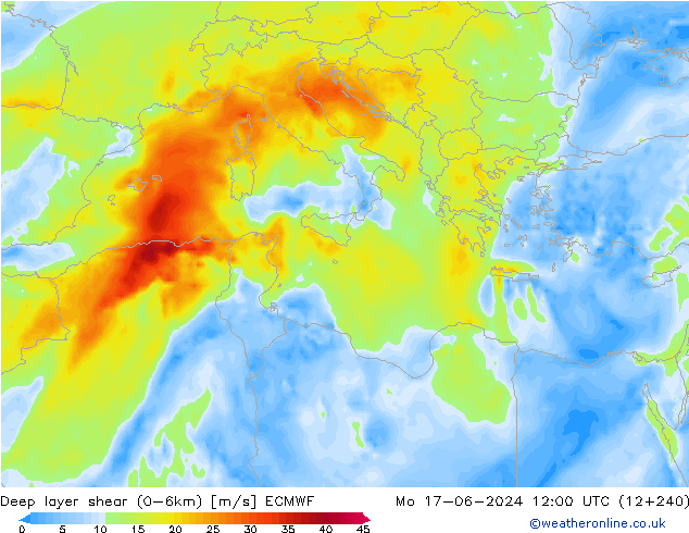 Deep layer shear (0-6km) ECMWF Pzt 17.06.2024 12 UTC