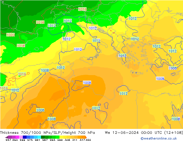 Schichtdicke 700-1000 hPa ECMWF Mi 12.06.2024 00 UTC