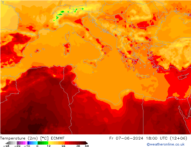 Temperature (2m) ECMWF Fr 07.06.2024 18 UTC