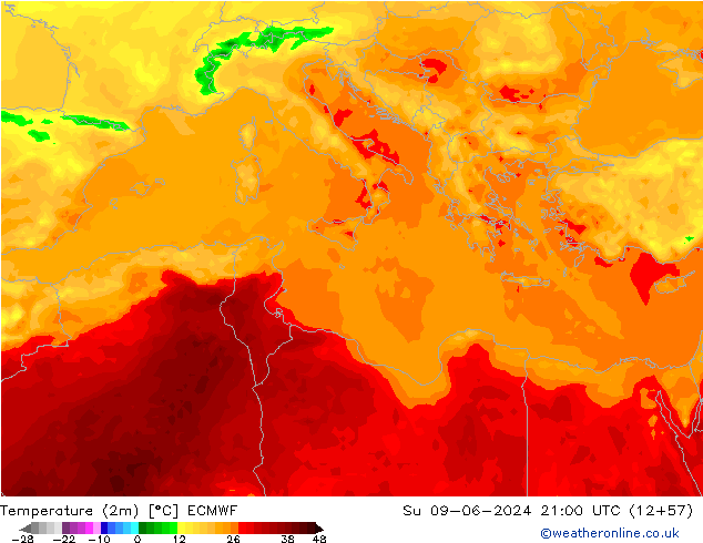 Temperature (2m) ECMWF Ne 09.06.2024 21 UTC