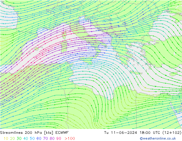 Streamlines 200 hPa ECMWF Tu 11.06.2024 18 UTC