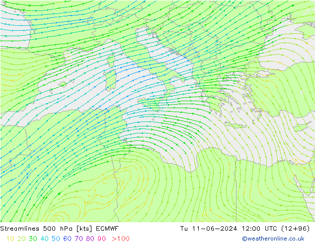 Linea di flusso 500 hPa ECMWF mar 11.06.2024 12 UTC