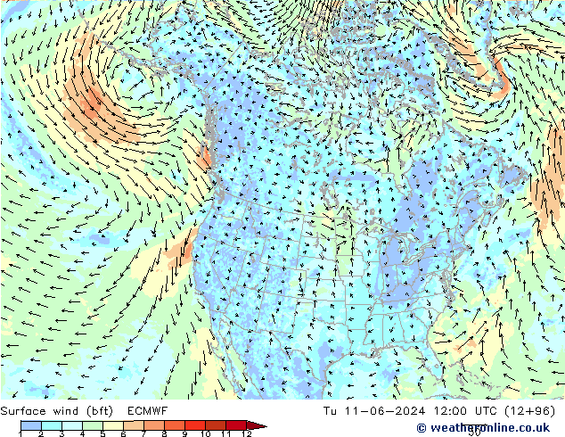 Surface wind (bft) ECMWF Út 11.06.2024 12 UTC