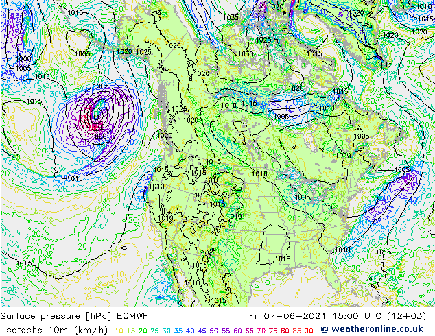 Izotacha (km/godz) ECMWF pt. 07.06.2024 15 UTC