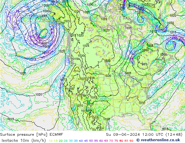 Isotachs (kph) ECMWF Su 09.06.2024 12 UTC