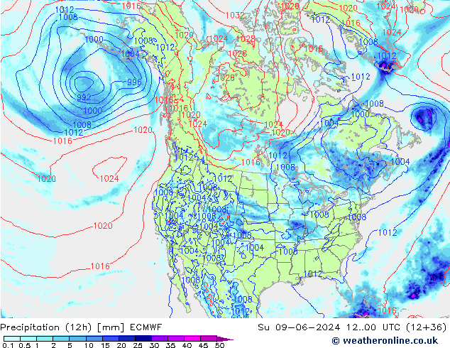 Totale neerslag (12h) ECMWF zo 09.06.2024 00 UTC