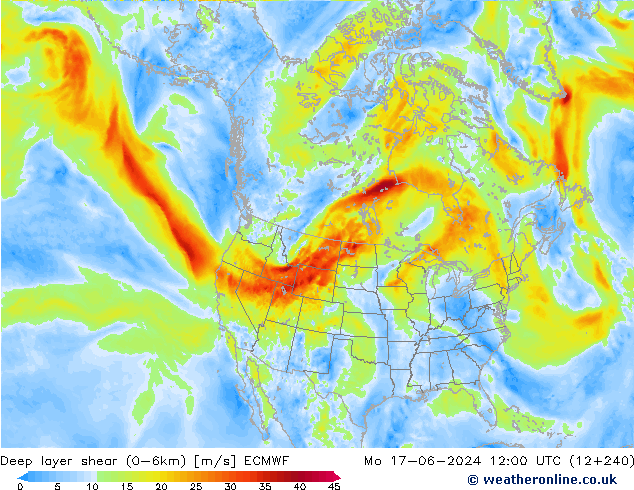 Deep layer shear (0-6km) ECMWF Mo 17.06.2024 12 UTC