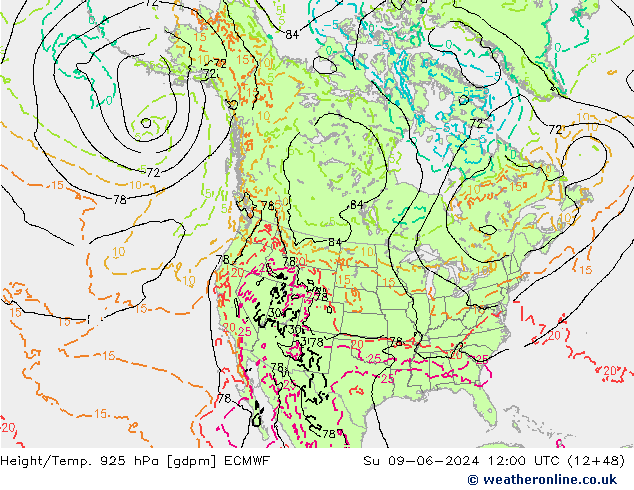 Height/Temp. 925 hPa ECMWF Su 09.06.2024 12 UTC