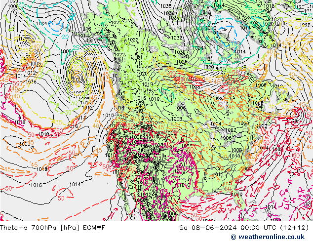 Theta-e 700hPa ECMWF Sa 08.06.2024 00 UTC