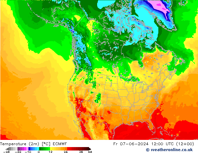 mapa temperatury (2m) ECMWF pt. 07.06.2024 12 UTC