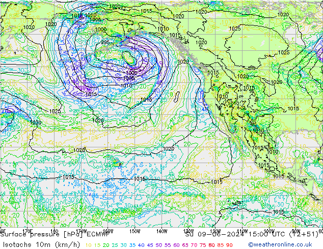 Isotachen (km/h) ECMWF So 09.06.2024 15 UTC