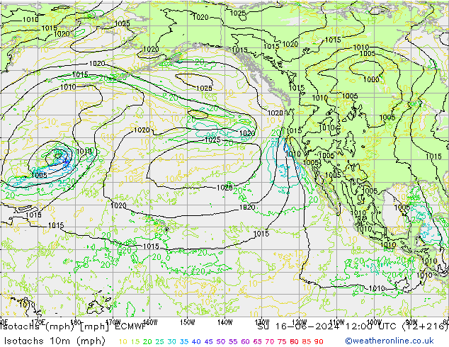 Isotachen (mph) ECMWF So 16.06.2024 12 UTC