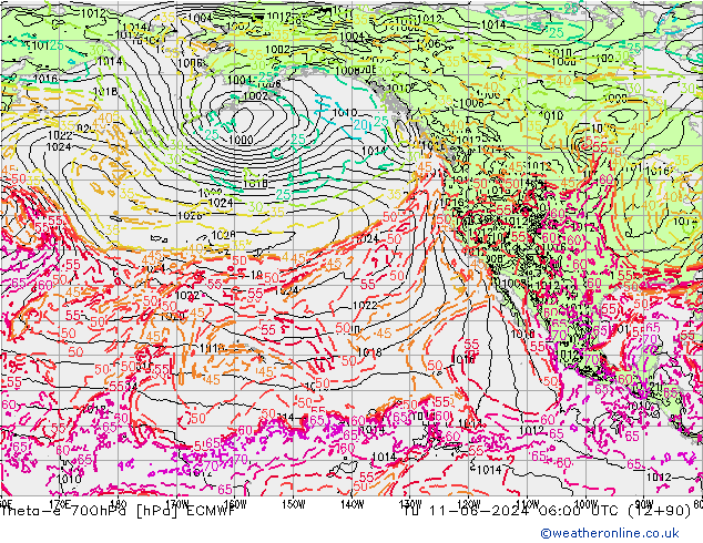 Theta-e 700hPa ECMWF Tu 11.06.2024 06 UTC