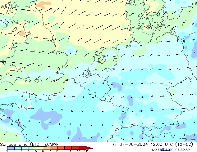 Surface wind (bft) ECMWF Pá 07.06.2024 12 UTC