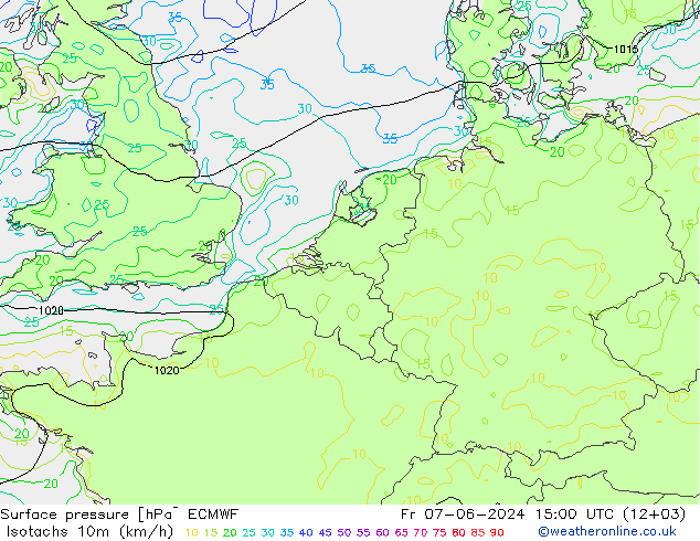 Isotachen (km/h) ECMWF vr 07.06.2024 15 UTC