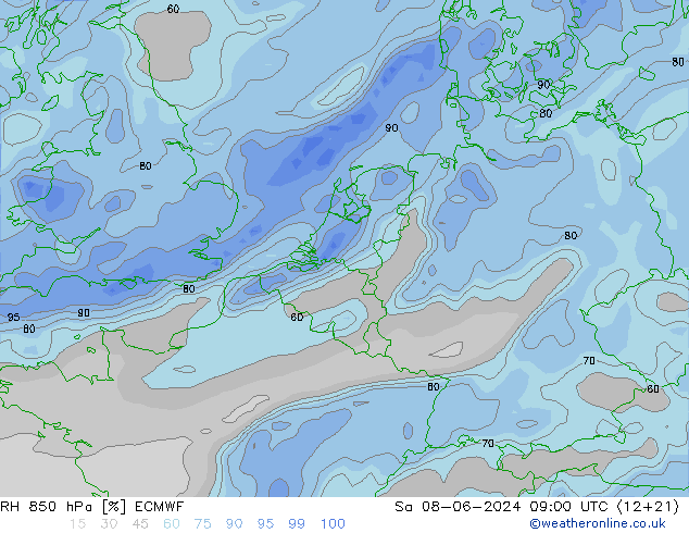 RH 850 hPa ECMWF sab 08.06.2024 09 UTC