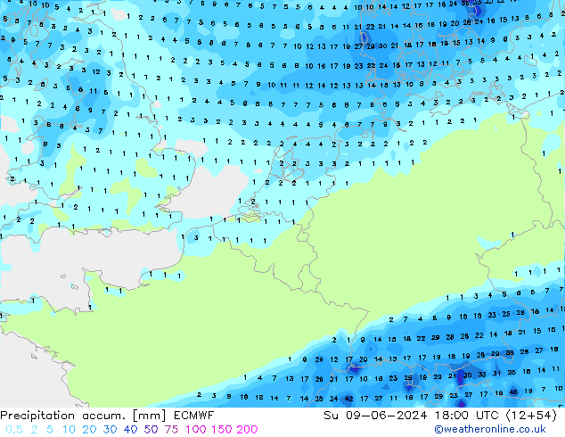 Precipitation accum. ECMWF nie. 09.06.2024 18 UTC