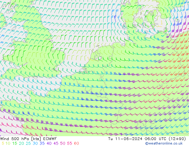 Wind 500 hPa ECMWF Út 11.06.2024 06 UTC