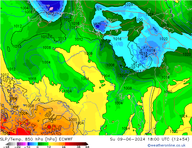 SLP/Temp. 850 hPa ECMWF dom 09.06.2024 18 UTC