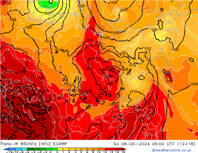 Theta-W 850гПа ECMWF сб 08.06.2024 06 UTC