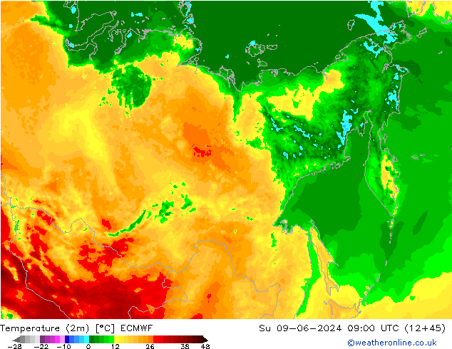 Temperature (2m) ECMWF Su 09.06.2024 09 UTC