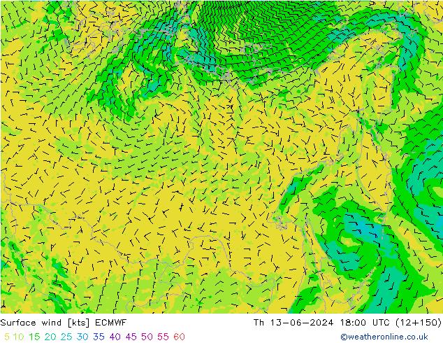 Vento 10 m ECMWF Qui 13.06.2024 18 UTC