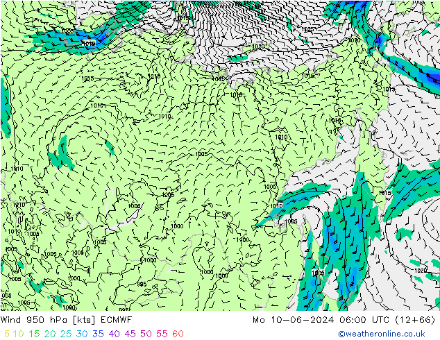 Wind 950 hPa ECMWF Po 10.06.2024 06 UTC