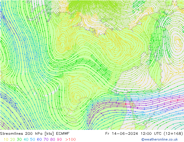 Streamlines 200 hPa ECMWF Fr 14.06.2024 12 UTC