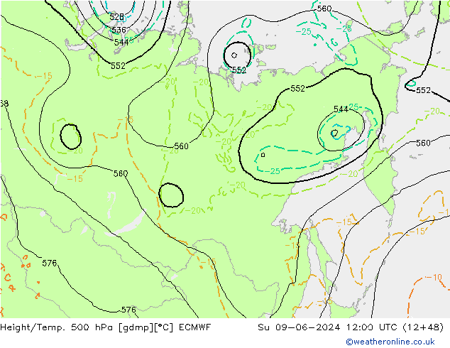 Z500/Rain (+SLP)/Z850 ECMWF Dom 09.06.2024 12 UTC