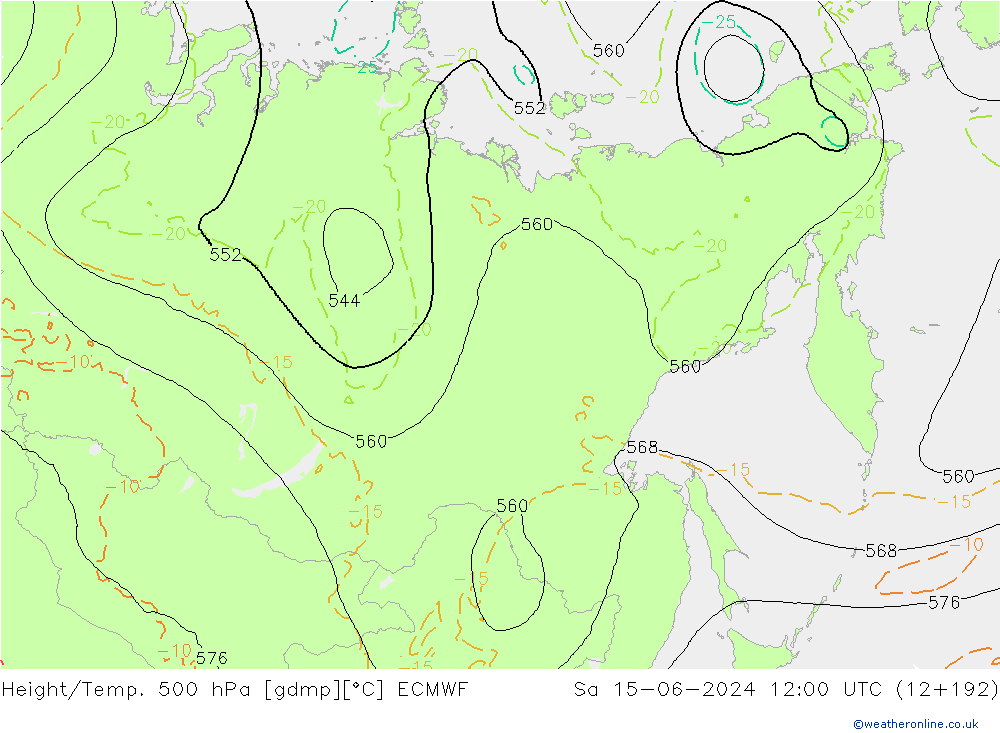 Height/Temp. 500 hPa ECMWF Sa 15.06.2024 12 UTC