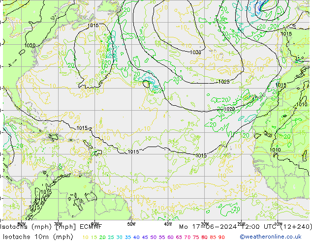 Isotachs (mph) ECMWF пн 17.06.2024 12 UTC