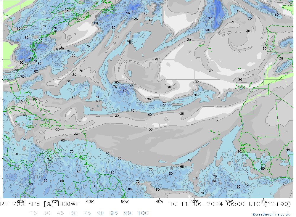 Humedad rel. 700hPa ECMWF mar 11.06.2024 06 UTC