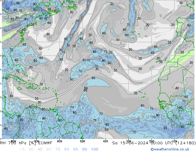 RH 700 hPa ECMWF so. 15.06.2024 00 UTC