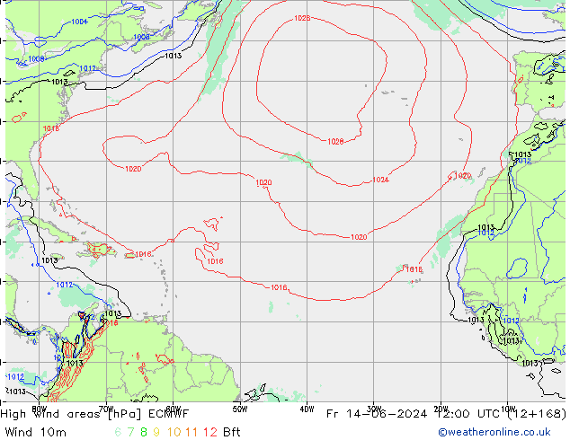 High wind areas ECMWF Pá 14.06.2024 12 UTC