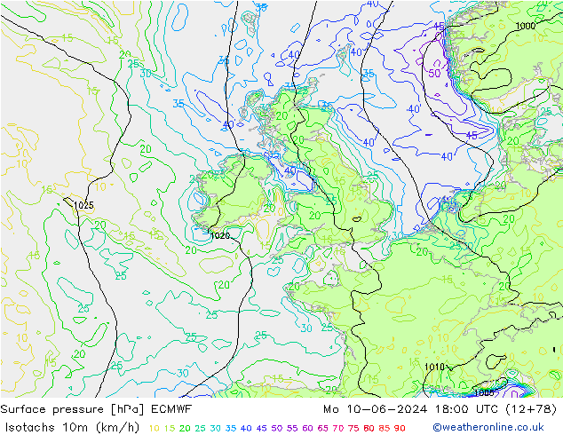 Izotacha (km/godz) ECMWF pon. 10.06.2024 18 UTC