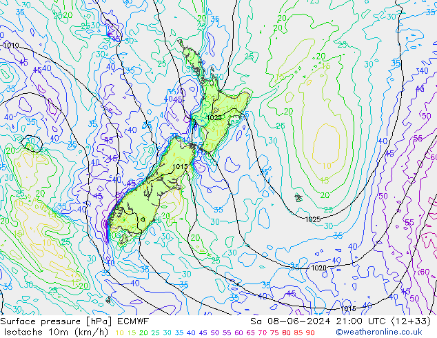 Isotachen (km/h) ECMWF Sa 08.06.2024 21 UTC