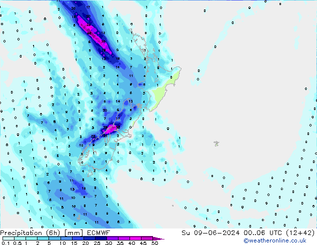 Totale neerslag (6h) ECMWF zo 09.06.2024 06 UTC