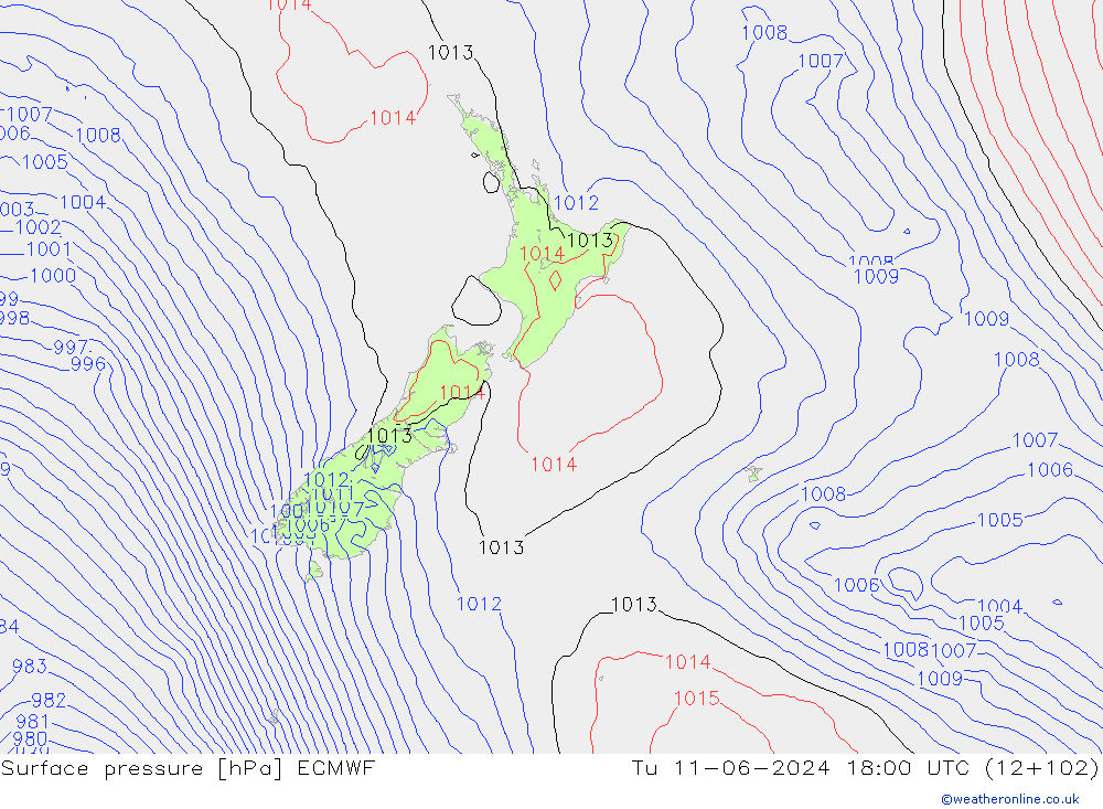 Surface pressure ECMWF Tu 11.06.2024 18 UTC