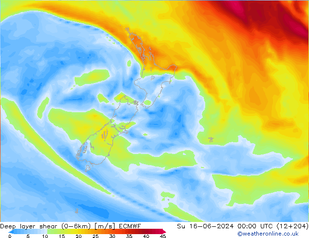 Deep layer shear (0-6km) ECMWF Su 16.06.2024 00 UTC